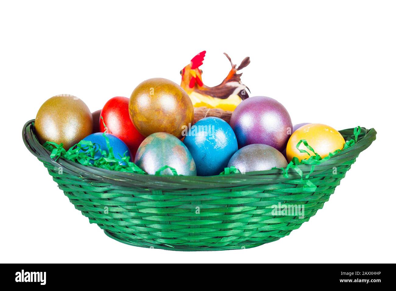 Eastern basket will colored eggs and chicken isolated on white