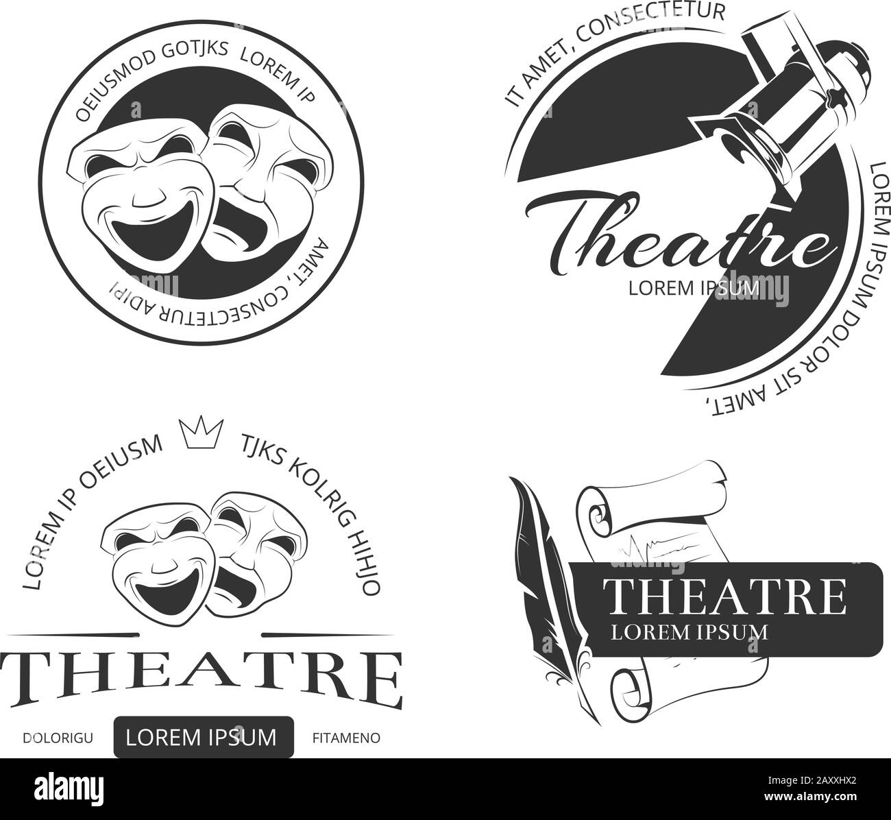 Vintage vector theatre labels, emblems, badges and logo. Classical theatrical mask, spotlight theatre, performance theatre  sign, emblem theatre illus Stock Vector
