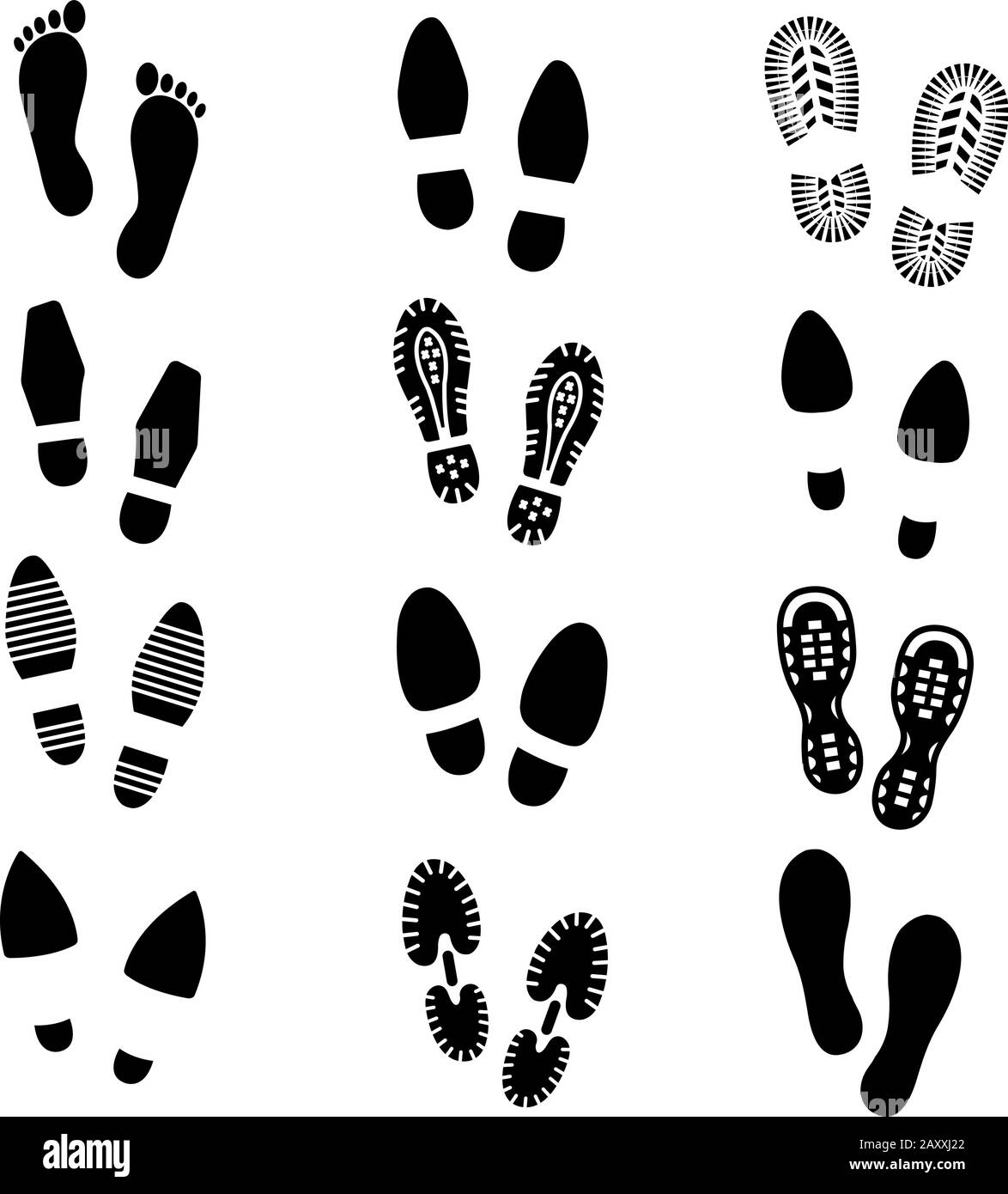 Footprints and shoes footmark vector silhouette icons set. Shoe print, sole shoe track, footprint shoe illustration Stock Vector