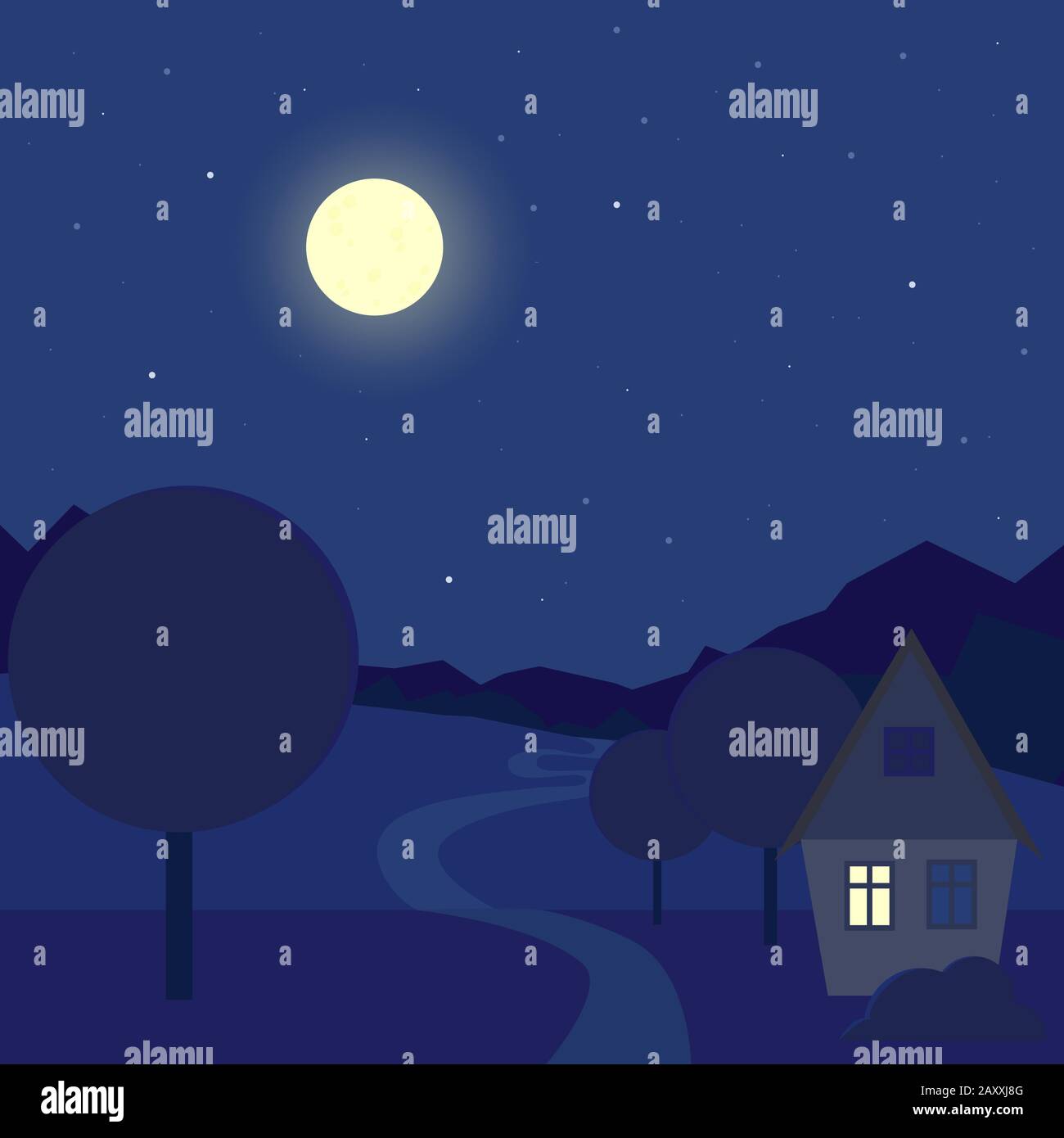 Cartoon night outdoor landscape. Contryside house near the path. Midnight  blue sky. Stock vector illustration in flat style. Villiage background  Stock Vector Image & Art - Alamy
