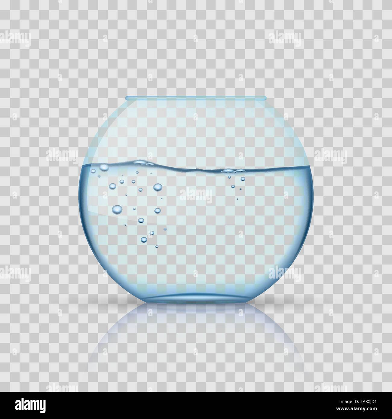 Realistic glass fishbowl, aquarium with water on transparent background