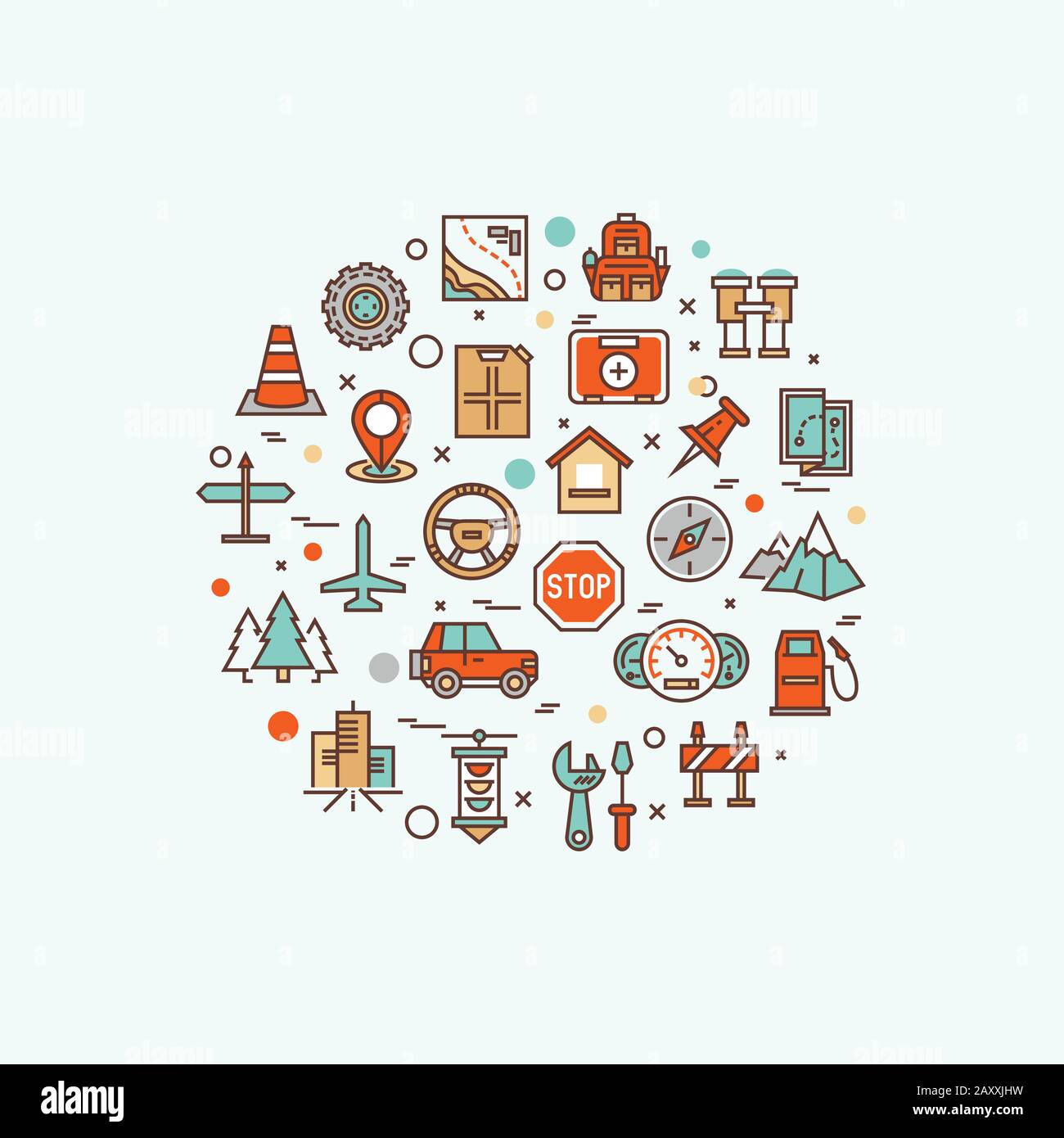 Air travel, resort vacation, tour planning, recreational rest, holiday trip. Modern infographic vector logo pictogram concept. Travel automobile, trav Stock Vector