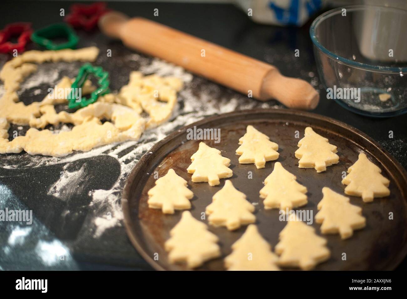 Baking homemade Christmas cookies with pastry cut out in the shape of traditional Christmas trees arranged on a baking tray to go into the oven Stock Photo