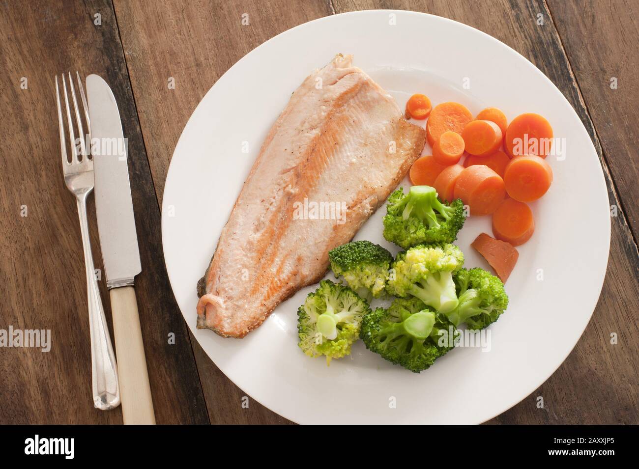 Top down first person view over lean cooked rainbow trout protein with