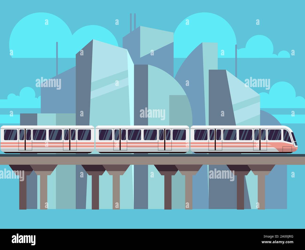 Sky Train, Subway Landscape Flat Concept. Vector train transportation concept on city backdrop Stock Vector