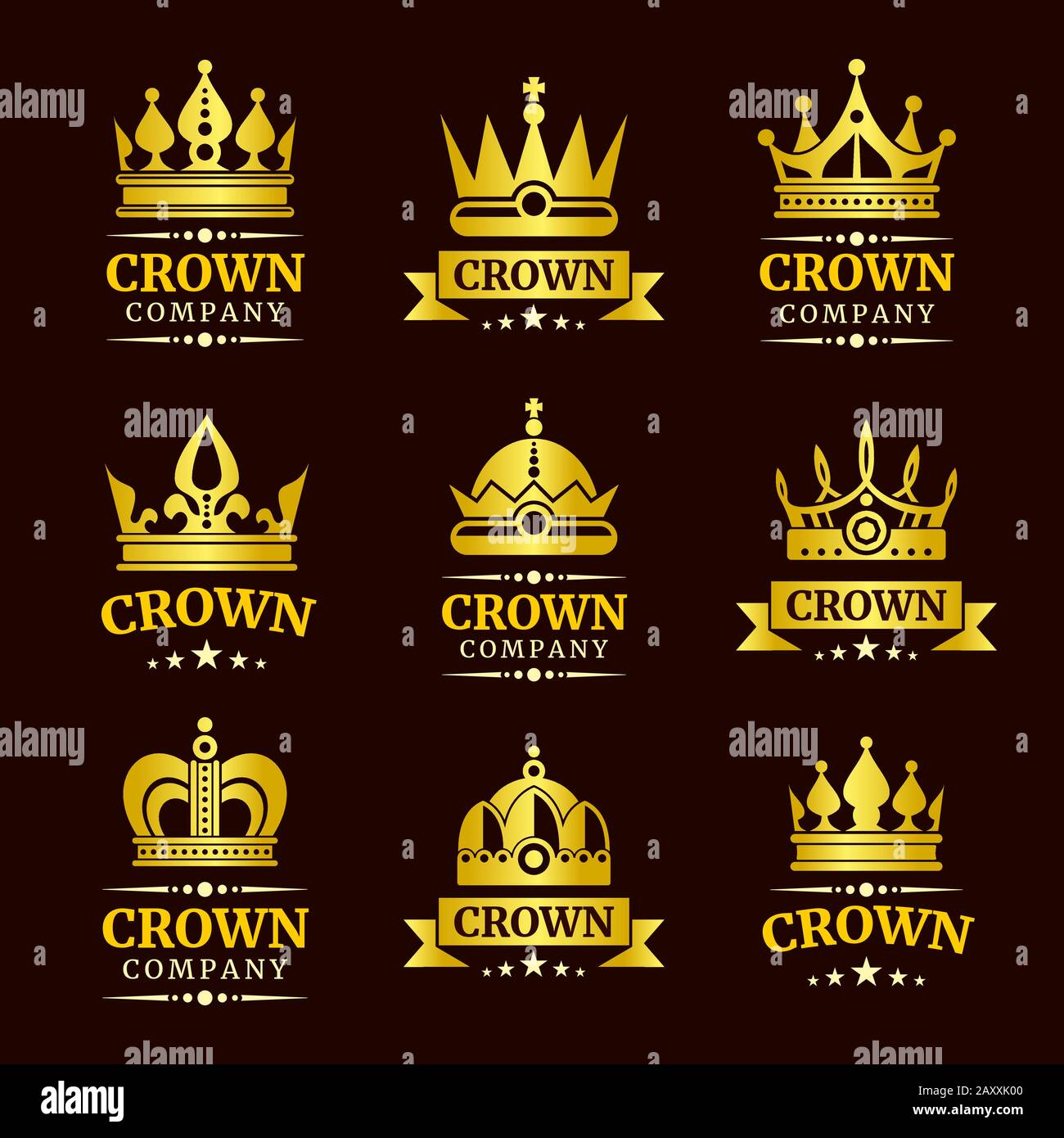 Luxury crown logo and crown monogram set. Gold crowns with text vector Stock Vector