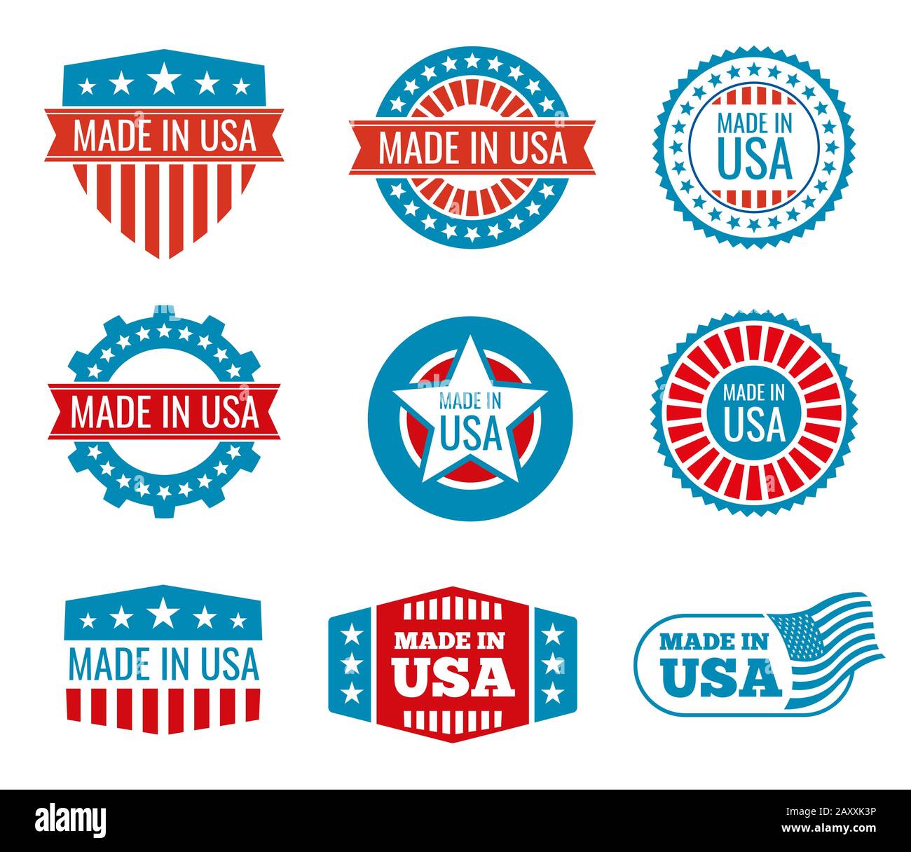 Red and blue made in the USA emblems set. Guarantee made in usa, shield made in usa, national label made in usa. Vector illustration Stock Vector
