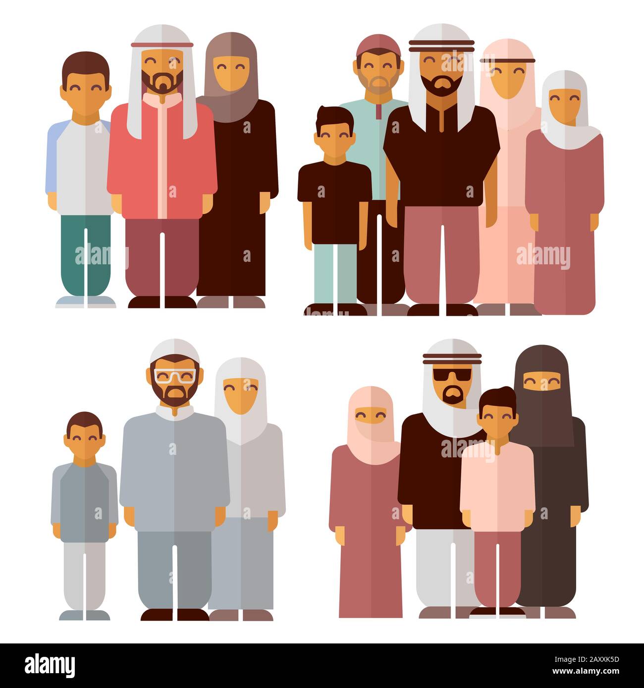 Arabic family in traditional muslim clothes. Muslim family, muslim traditional people, muslim culture. Vector illustration Stock Vector