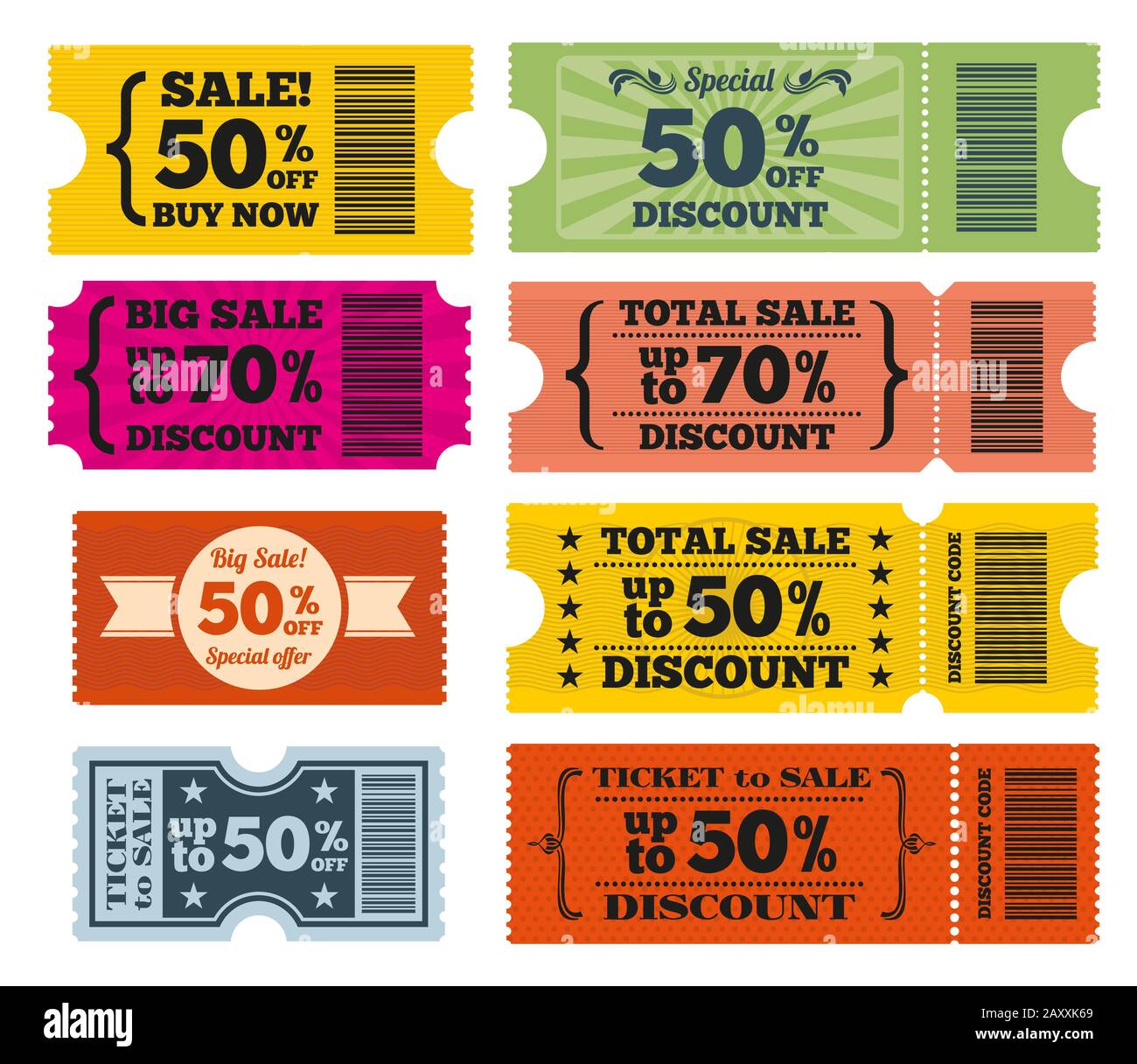 Sale tickets vector set. Tag sale, label sale, coupon sale, discount sale illustration Stock Vector