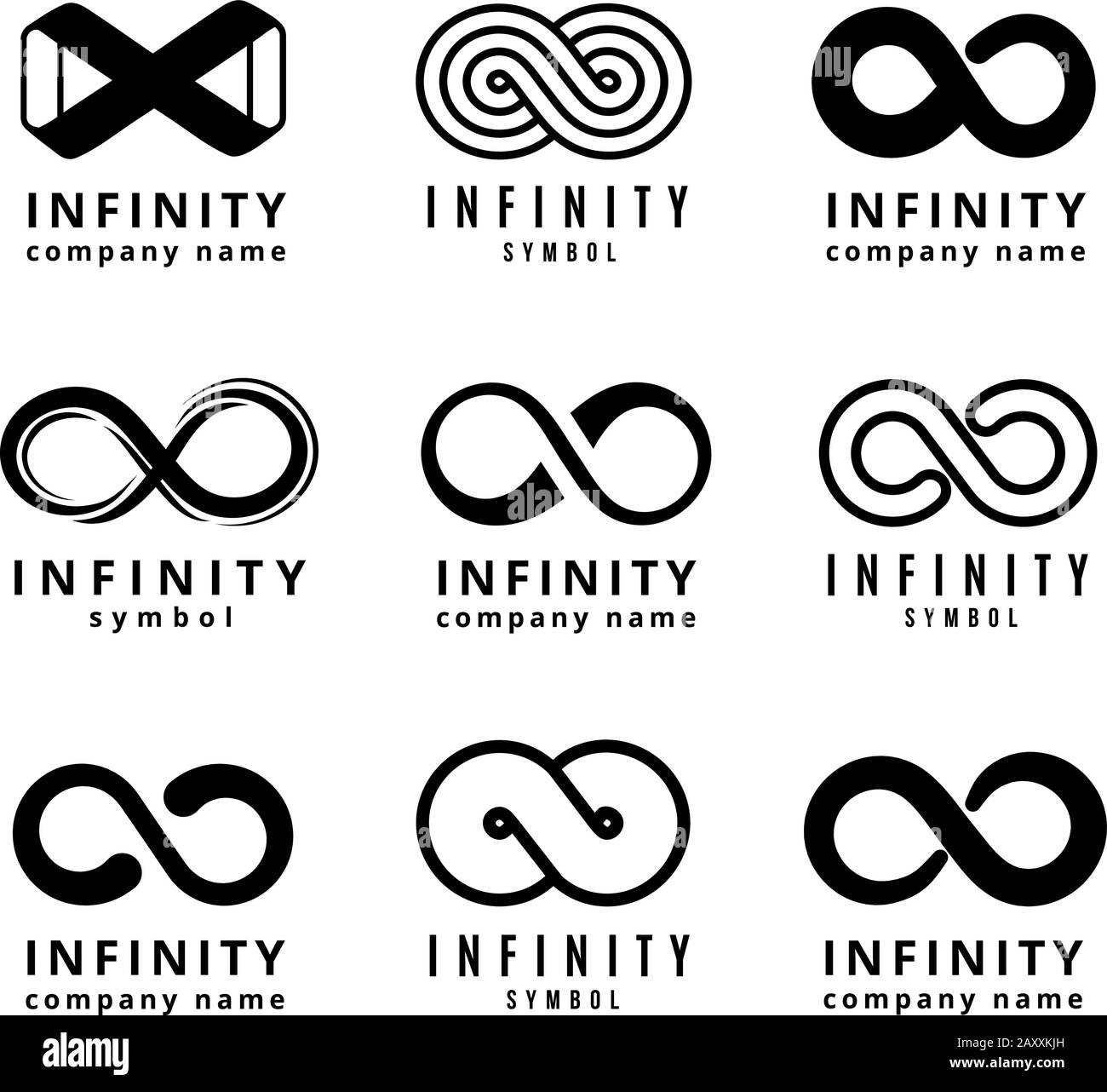 Vector different infinity logos set. Infinite cycle emblem, infinity  badge, infinity figure eight illustration Stock Vector