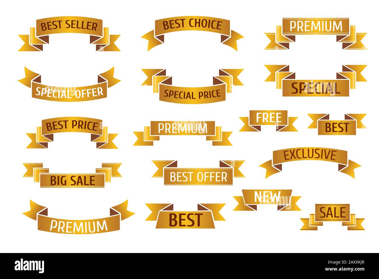 Gold premium sales vector banners set. Golden flag ribbon banner and