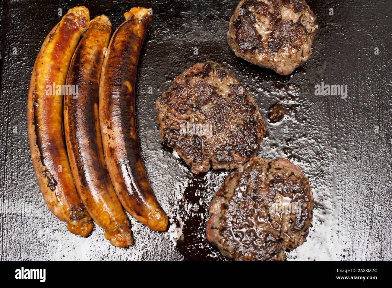 Roasted sausages and meat rissoles from above Stock Photo Alamy