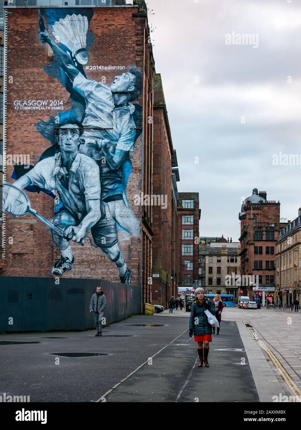 Guido van Helten mural of Kieran Merrilees, Scottish badminton player for 2014 Commonwealth Games, Wilson Street, Glasgow, Scotland, UK Stock Photo