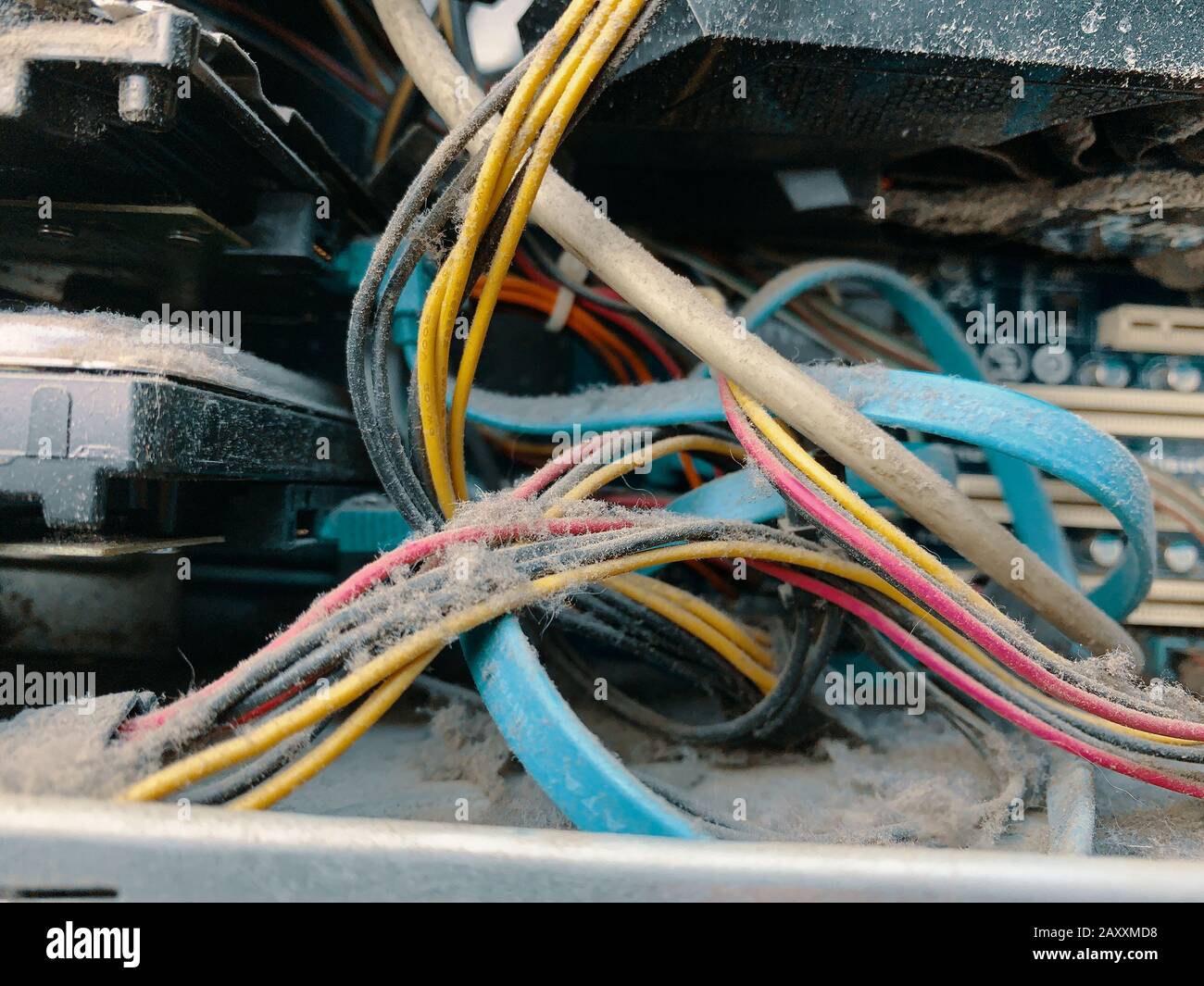 Dust in computer case. Computer circuit board and CPU cooling fans
