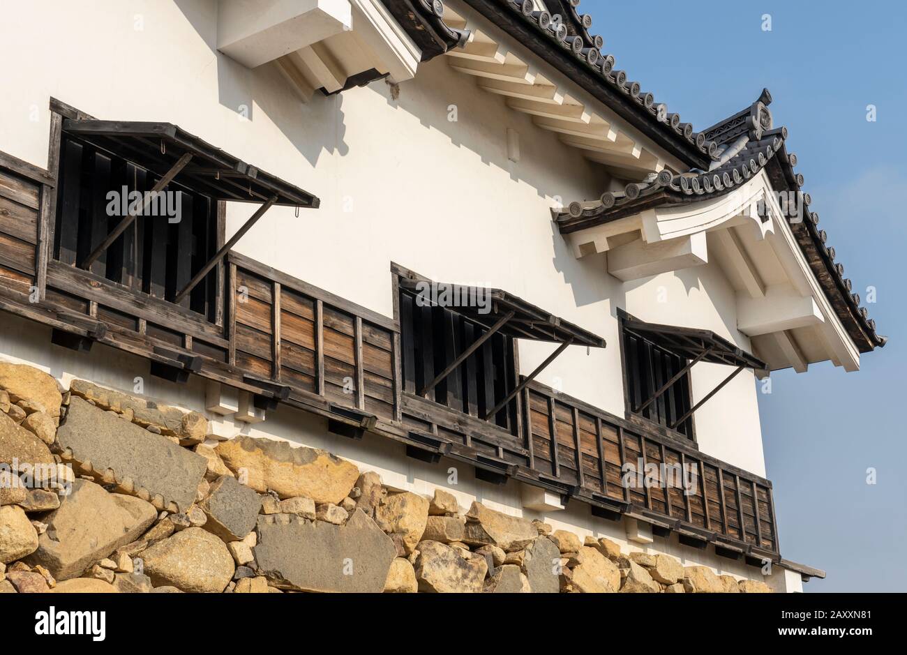 Wooden shutters over windows on the main tower at Hikone Castle in Shiga Prefecture, Japan. Stock Photo