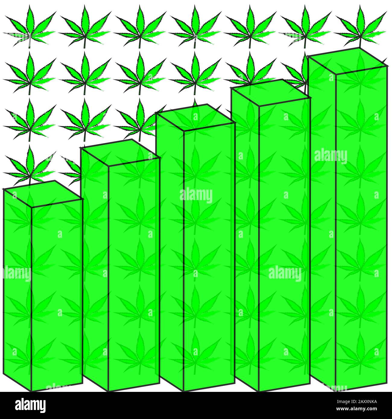 An abstract upward trend bar chart with a cannabis leaf background