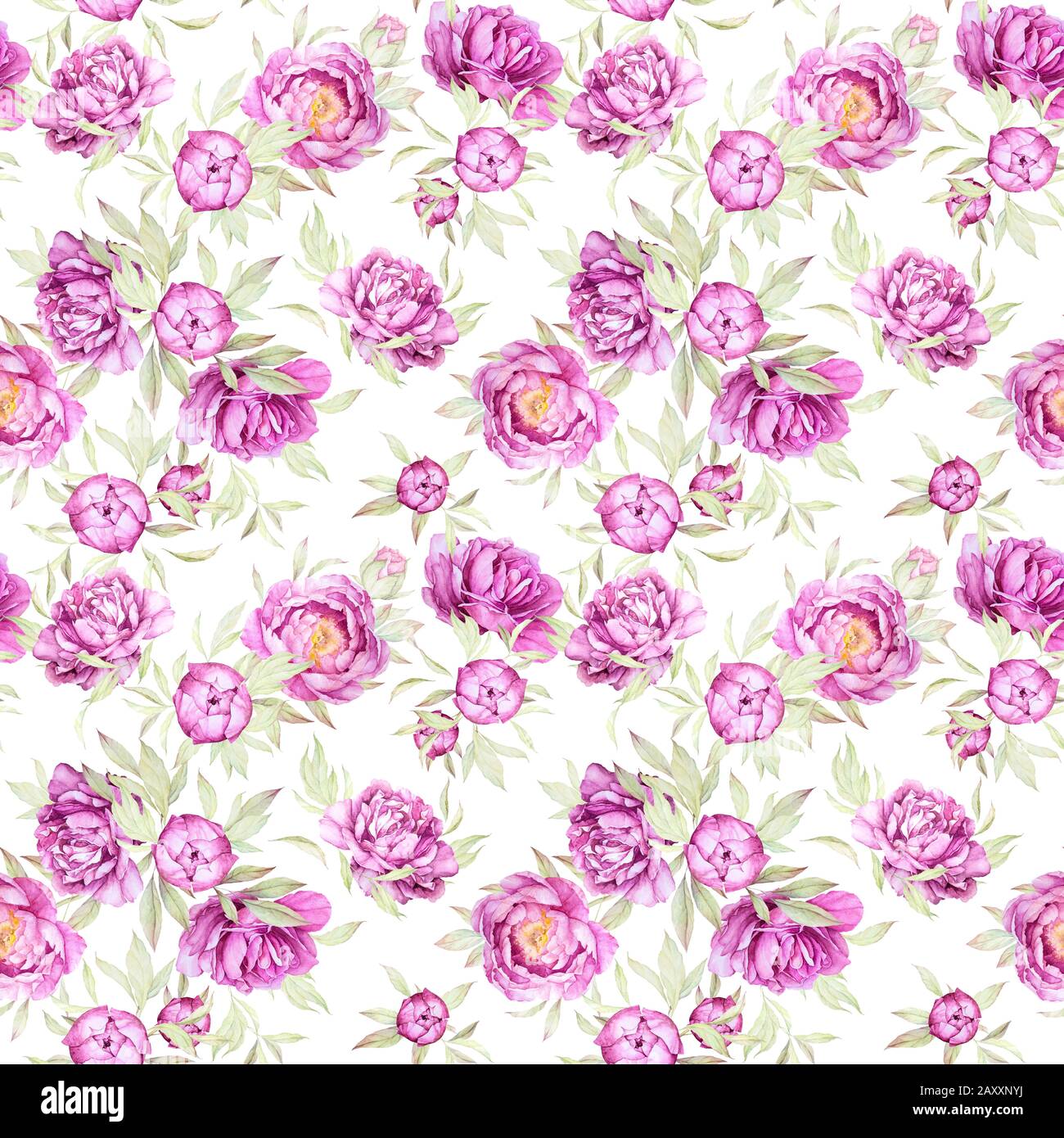 Seamless Floral Pattern. Luxury Pink Flowers. Lush Leaves. Watercolor Vintage Peonies. Wall Art. Light background. Stock Photo