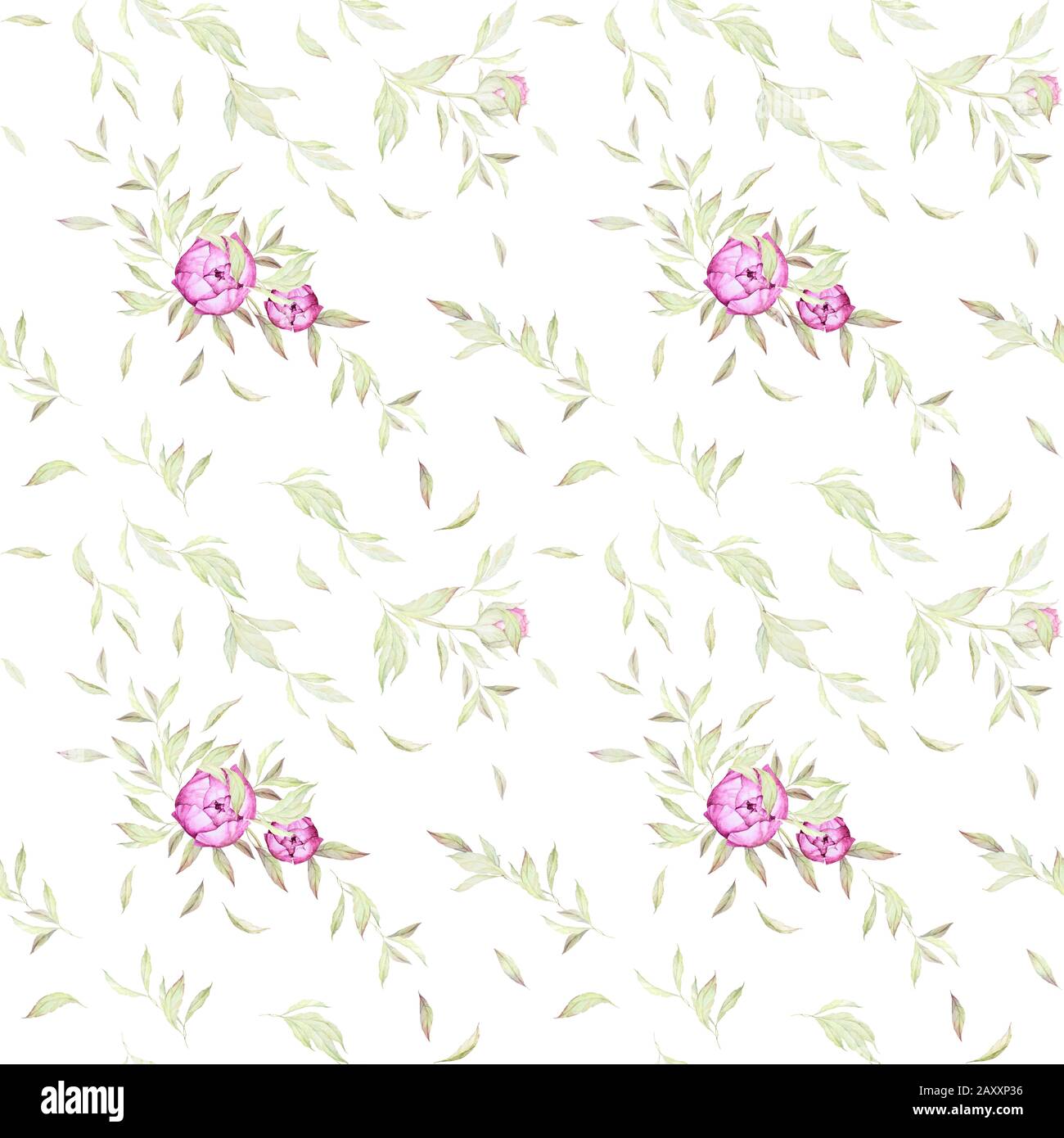 Seamless Floral Pattern. Watercolor Pink Flowers. Luxury Peonies. Vintage Decor. Luxury Pink Flowers, leaves. White background. Stock Photo