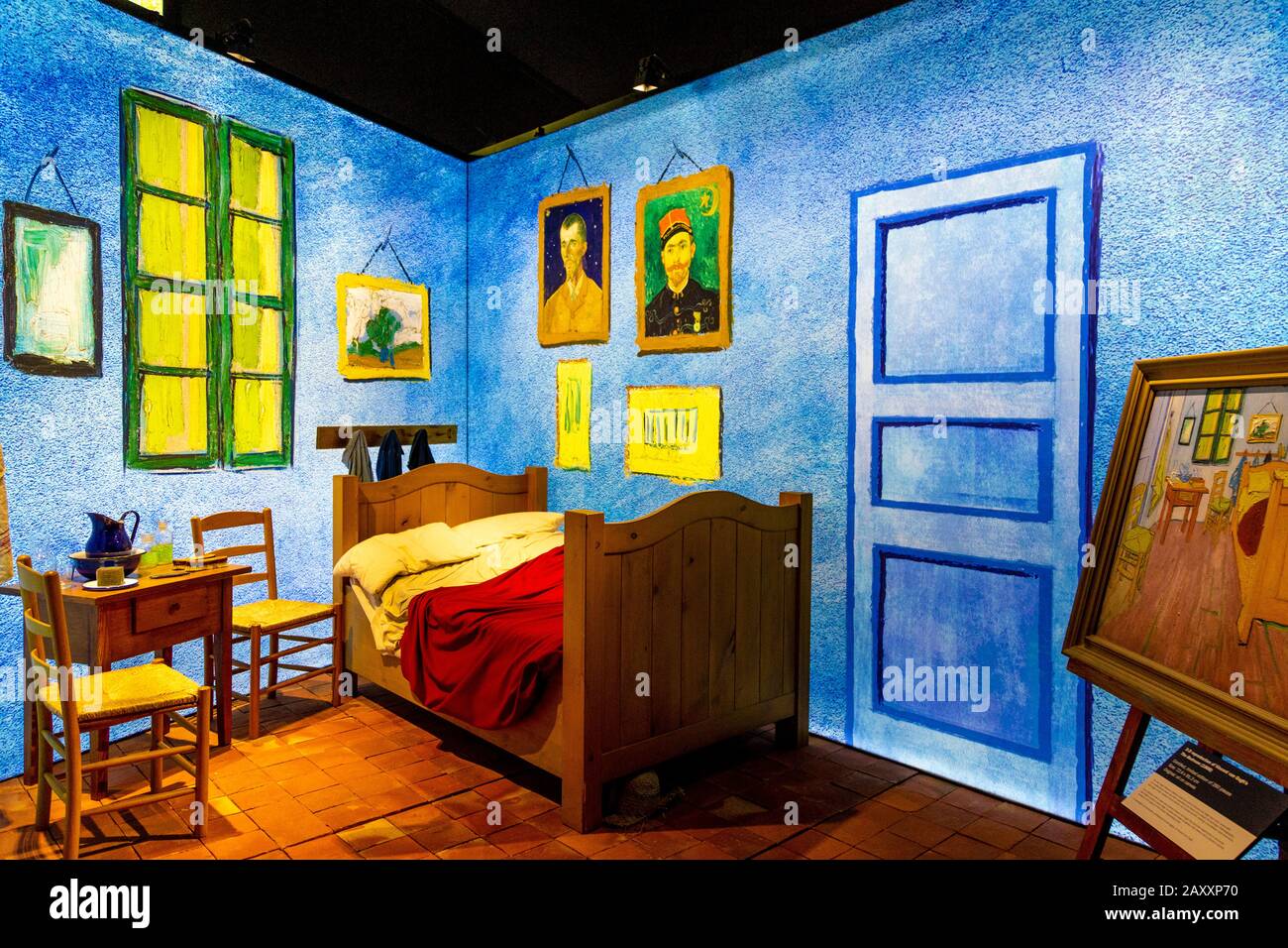 Recreation of Van Gogh's 'Bedroom in Arles' at digital immersive Meet Vincent van Gogh Experience 2020, London, UK Stock Photo
