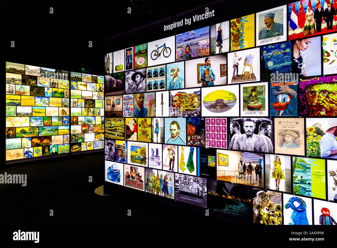 Walls displaying artwork inspired by Dutch painted Vincent Van Gogh at Meet Vincent van Gogh Experience 2020, London, UK Stock Photo