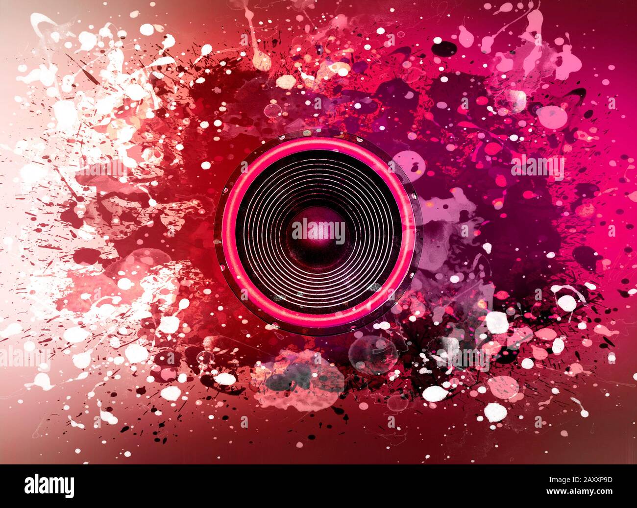 Red and purple audio speaker on a paint splattered background Stock Photo