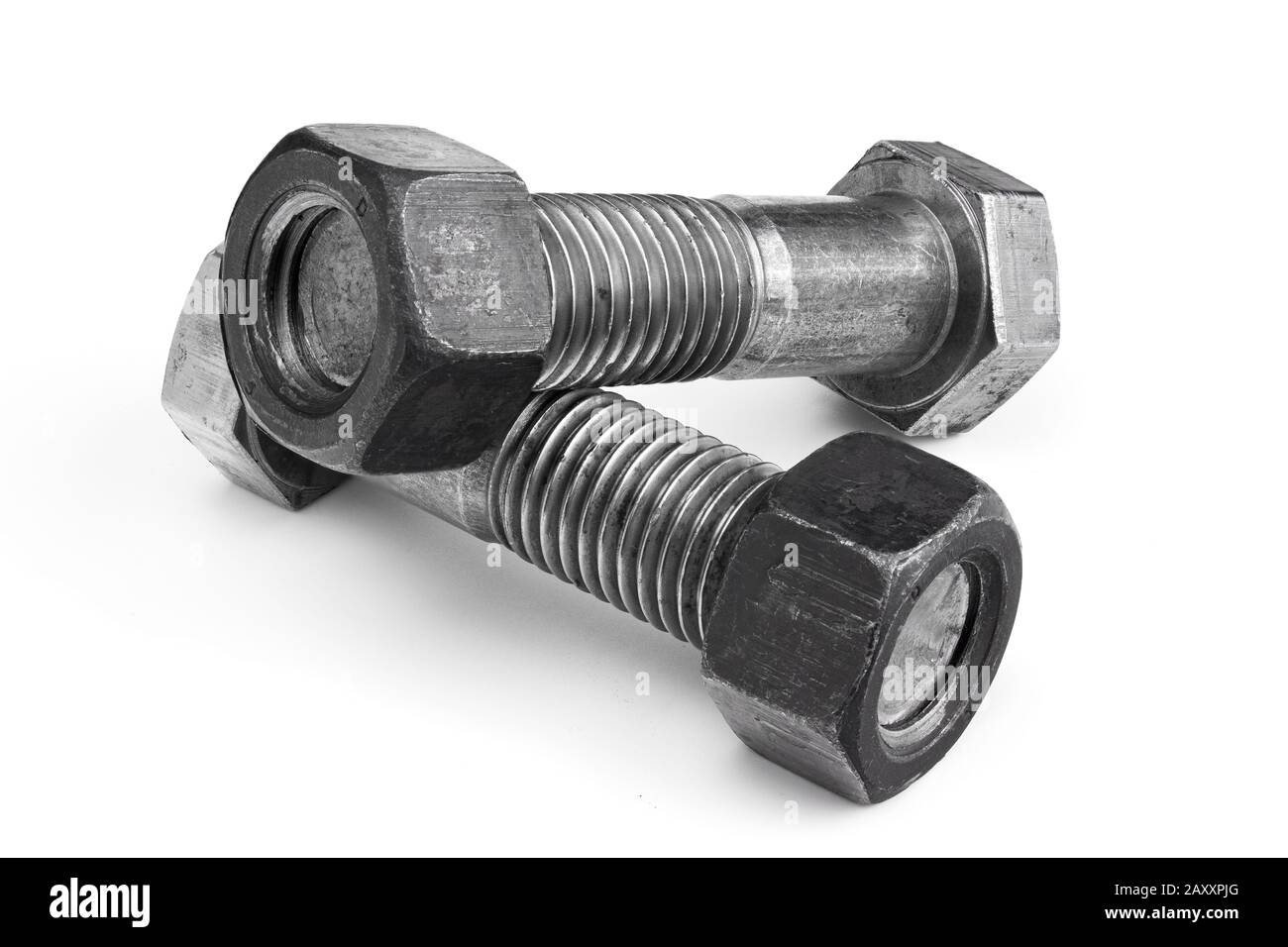 Two screws with nuts isolated on white background Stock Photo
