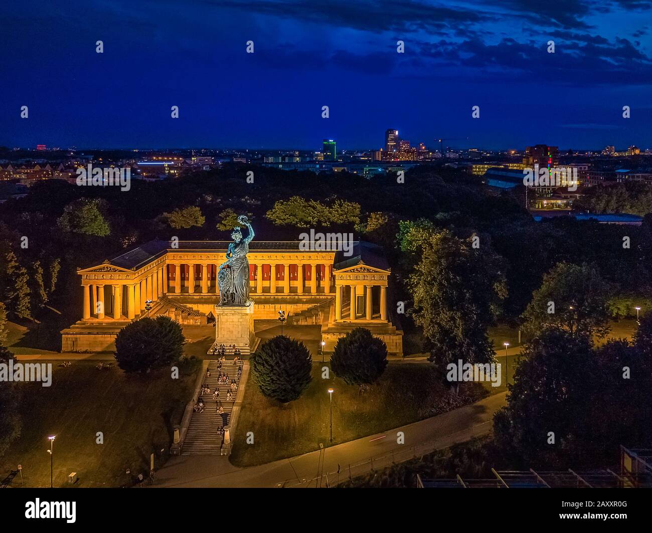 The popular statue Bavaria shown from above in the city lights of Munich. Stock Photo