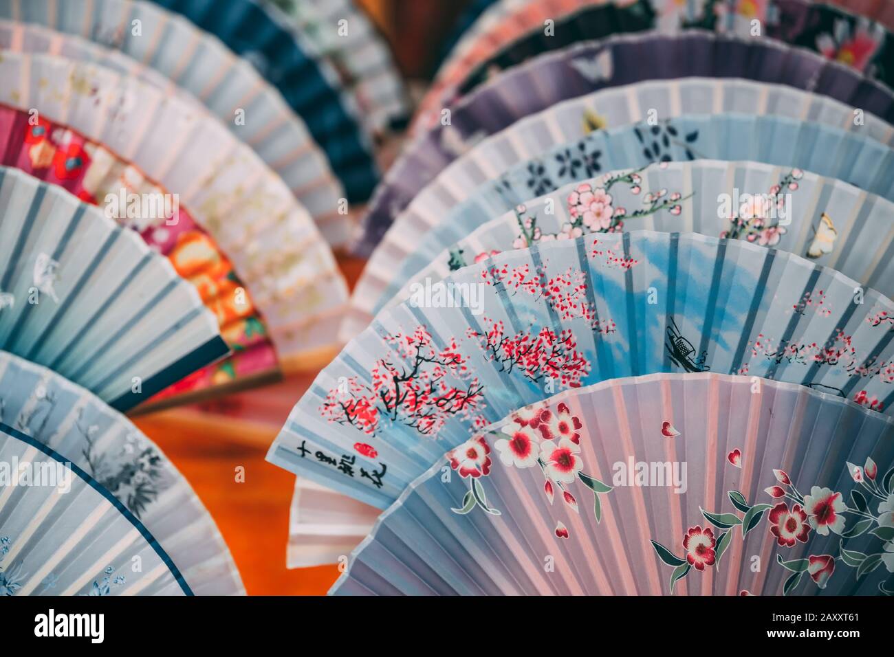 Colourful souvenir fans for sale on the street in the Muslim Quarter, Xian town, China Stock Photo