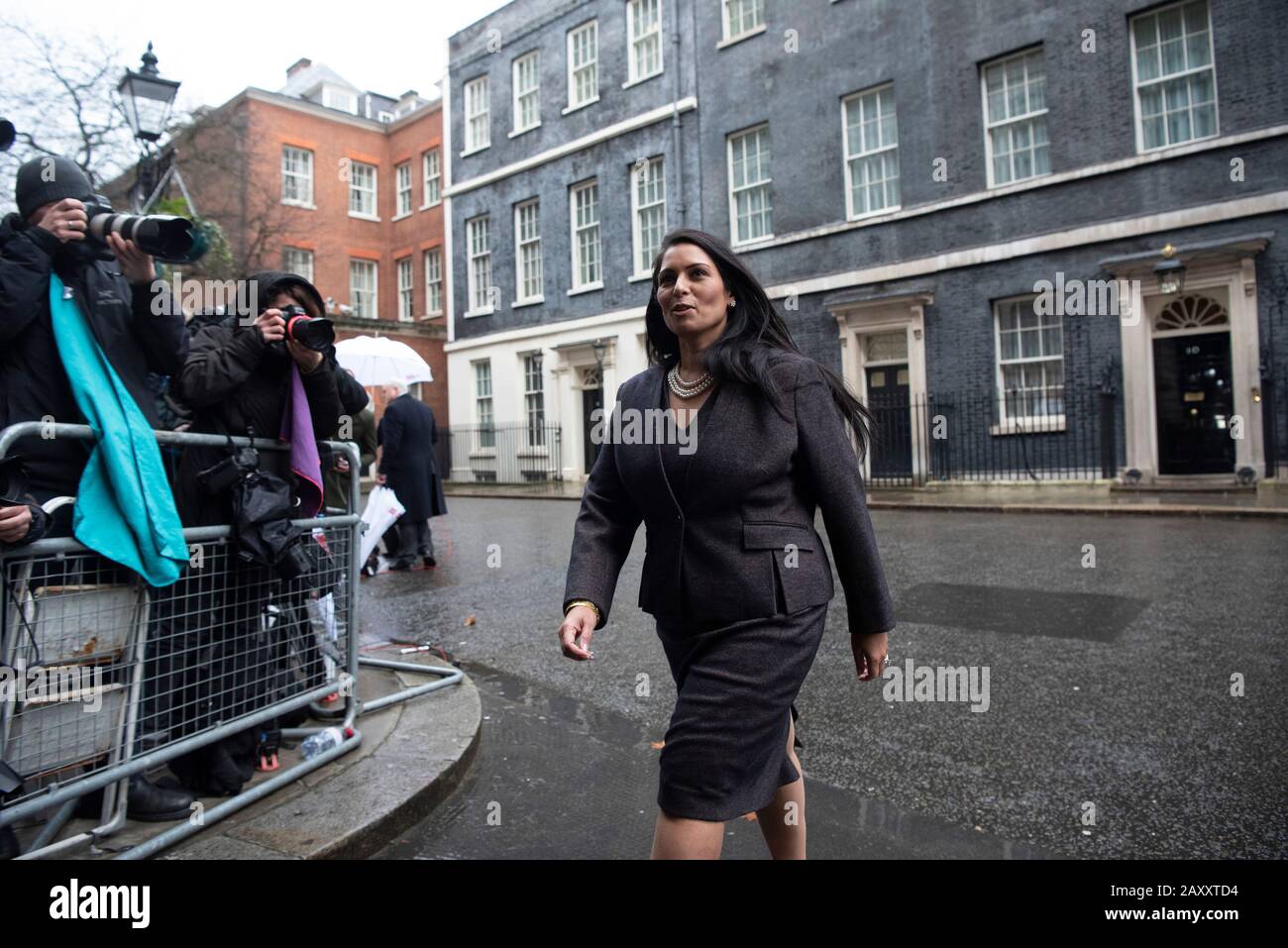13 February 2020. London, United Kingdom. Secretary of State for the Home Department Priti Patel leaves Downing St after attending a cabinet reshuffle Stock Photo
