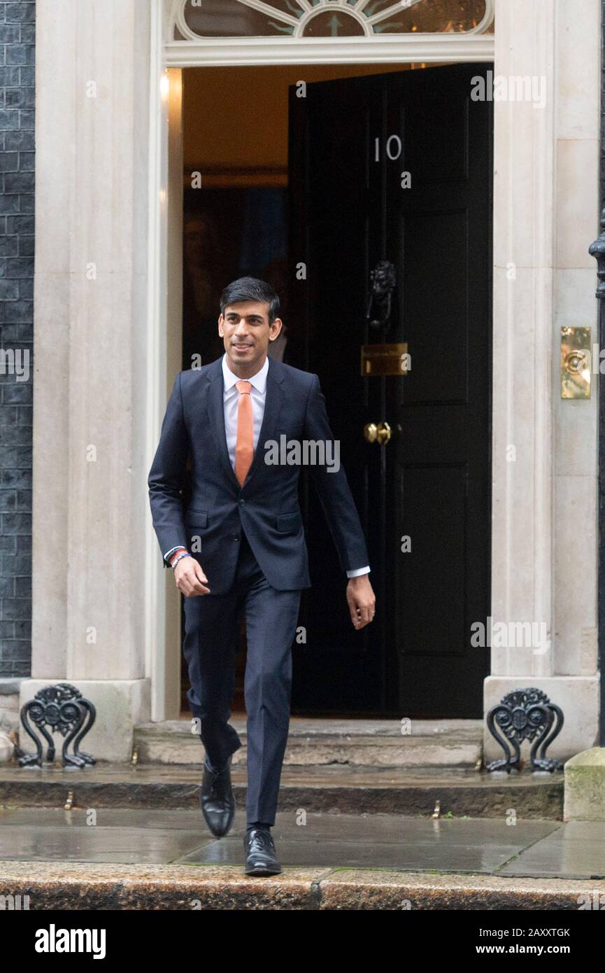 13 February 2020. London, United Kingdom. Rishi Sunak leaves Downing St after attending a cabinet reshuffle meeting in London, Britain on February 13, Stock Photo