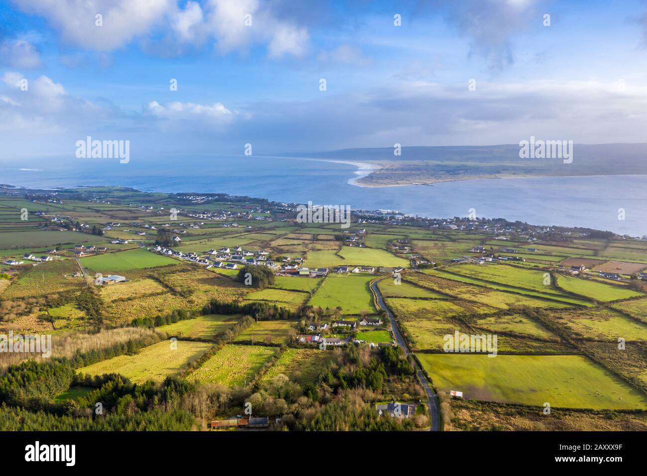 Aerial view of Greencastle, Lough Foyle and Magilligan Point in Northern Ireland County