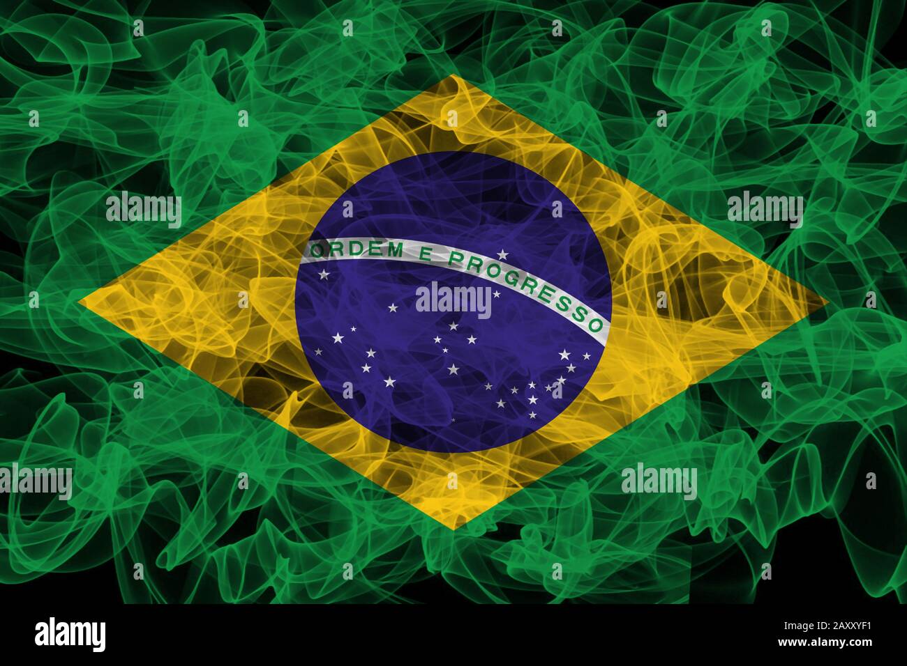 Brazil Smoke Flag on Black Background, Brazil flag Stock Photo - Alamy