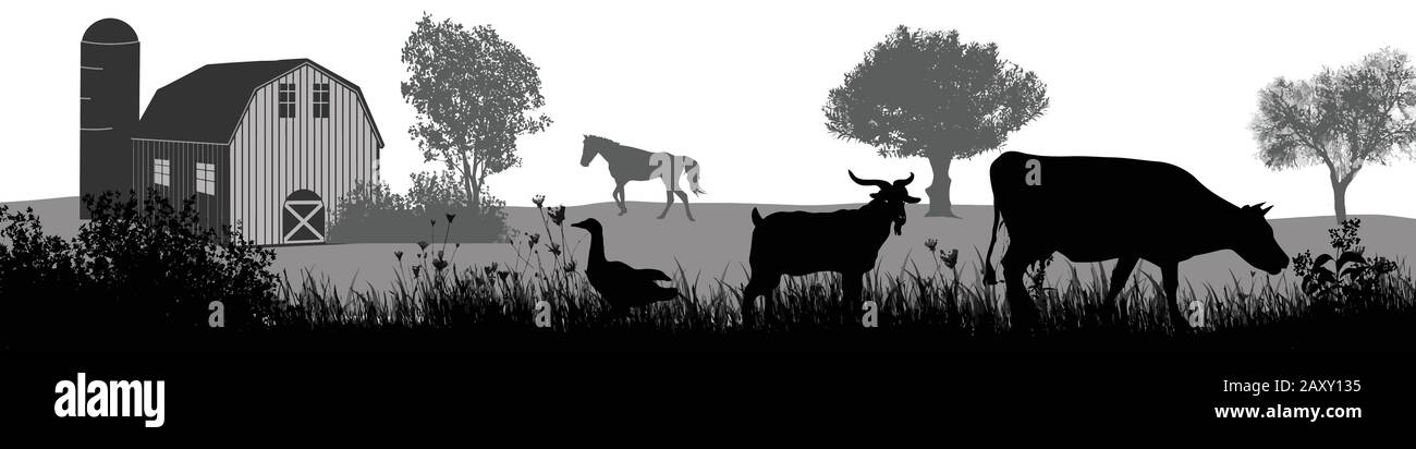 Farm animals silhouette on beautiful rural landscape on white background, vector illustration Stock Vector