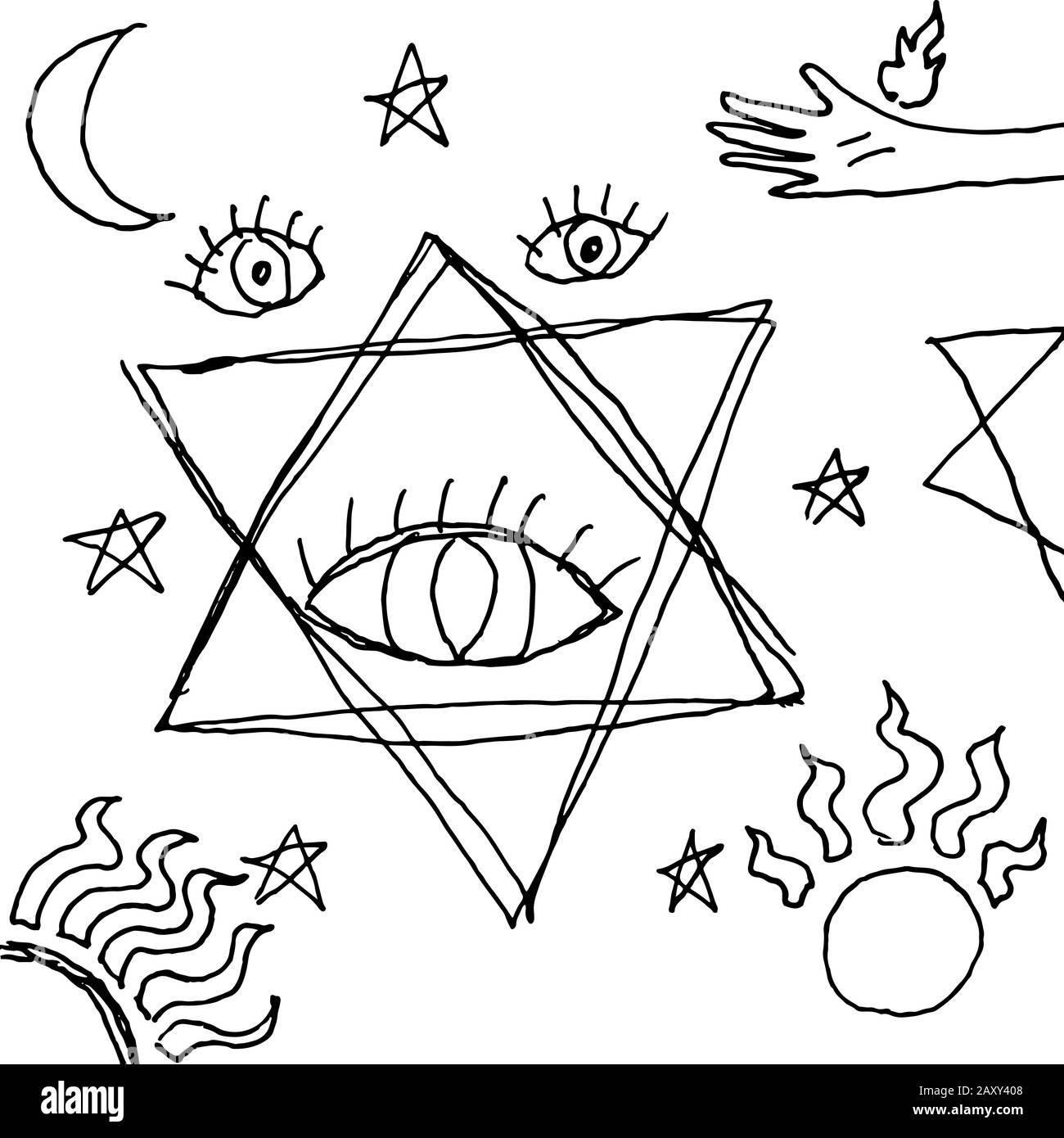 Hand drawn doodle esoteric pattern. Black and white sketch background. Mystic eye, stars, sun, moon and hand. Vector illustration. Stock Vector