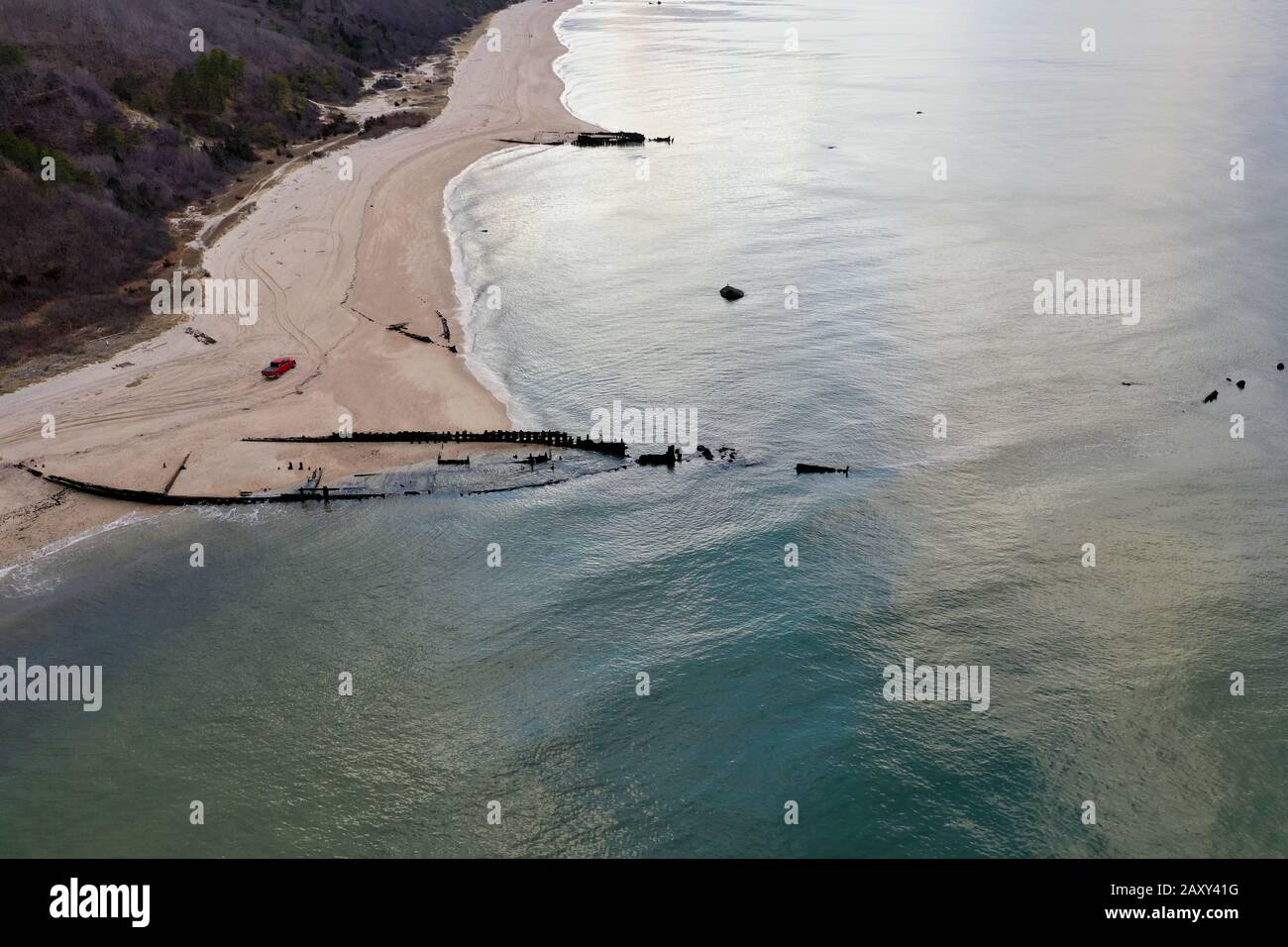 Aerial view of Reeves Beach with the Roanoke Barges shipwreck in
