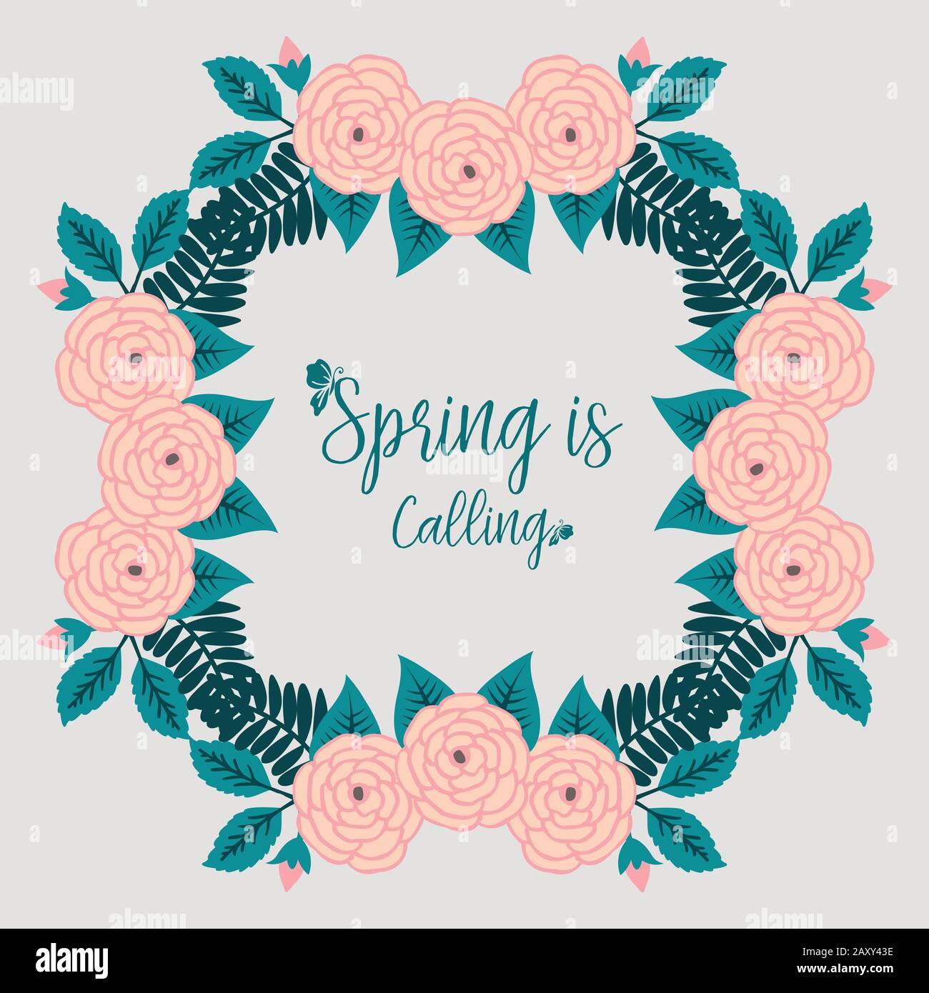 Greeting card for spring calling, with ornate leaf and rose flower