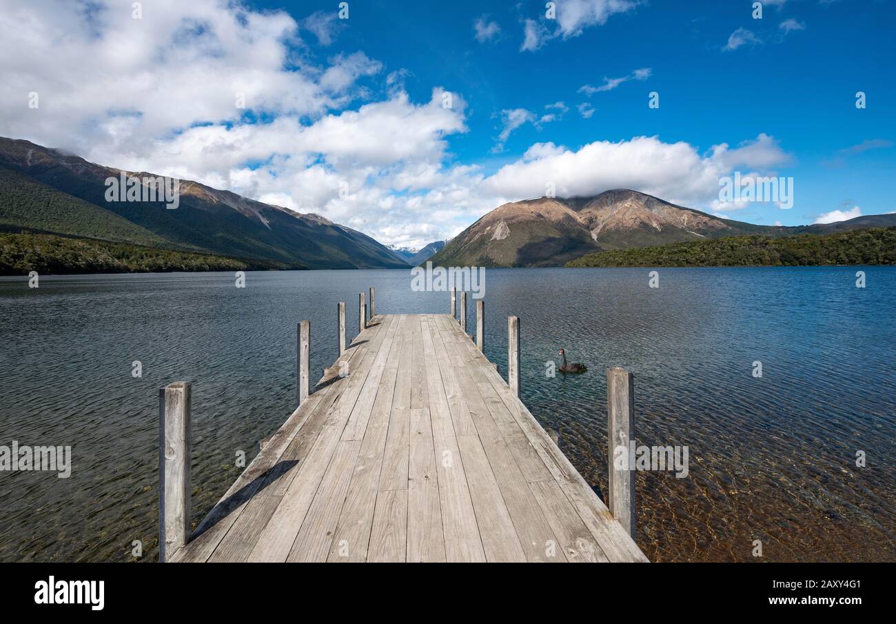 Jetty at Lake Rotoiti, Nelson Lakes National Park, Tasman District, South Island, New Zealand Stock Photo
