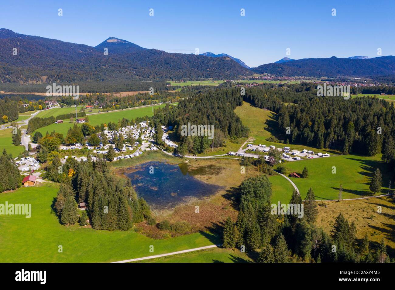 Camping ground at Lake Tennsee near Kruen, Werdenfelser Land, drone shot, Upper Bavaria, Bavaria, Germany Stock Photo