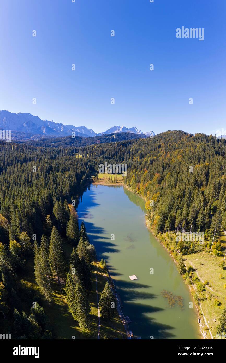 Lake Grubsee and Wetterstein range, near Kruen, Werdenfelser Land, drone shot, Upper Bavaria, Bavaria, Germany Stock Photo