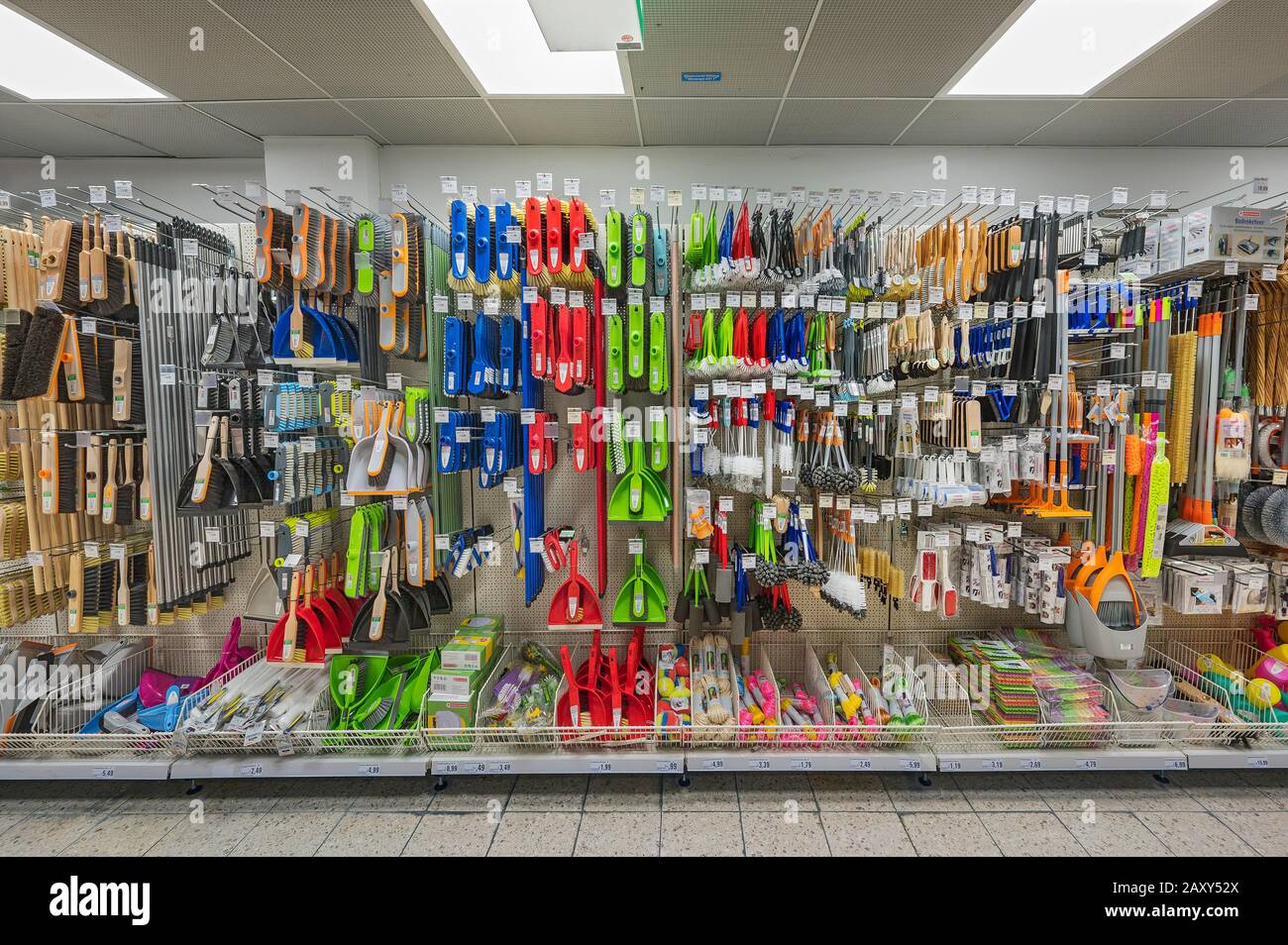 Brooms and brushes, supermarket, Germany Stock Photo