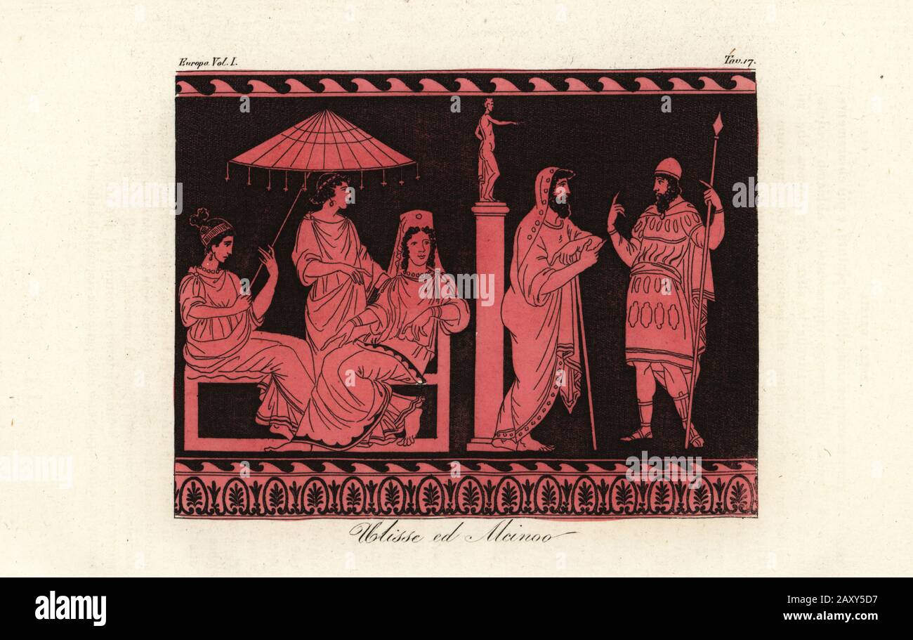 Odysseus entertained by Alcinous, ruler of the Phaiacians on the island of Scheria. Alcinous’ wife Arete and daughter Nausicaa listen while seated under a Thessalian-style umbrella. Odysseus wears a cap, mantle and tunic embroidered by Nausicaa. From an ancient vase depicted by Pierre-Francois Hugues d’Hancarville. Ulisse ed Alcinoo. Handcoloured copperplate engraving from Giulio Ferrario’s Costumes Ancient and Modern of the Peoples of the World, Il Costume Antico e Moderno, Florence, 1842. Stock Photo