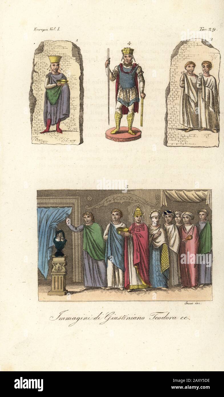 Emperor Justinian I the Great 1, Byzantine imperial courtiers 2, Empress Theodora 3, and Basil II, the Bulgar Slayer 4. Immagini di Giustiniano Teodora. Handcoloured copperplate engraving by Giovanni Antonio Sasso from Giulio Ferrario’s Costumes Ancient and Modern of the Peoples of the World, Il Costume Antico e Moderno, Florence, 1842. Stock Photo
