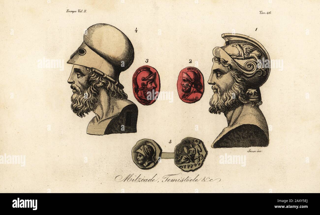 Busts and gems of Athenian politicians Miltiades the Younger 1,2, Themistocles 3,4, and King Pyrrhus I 5. Milziade, Temistocle, &c. Handcoloured copperplate engraving by Giovanni Antonio Sasso from Giulio Ferrario’s Costumes Ancient and Modern of the Peoples of the World, Il Costume Antico e Moderno, Florence, 1842. Stock Photo