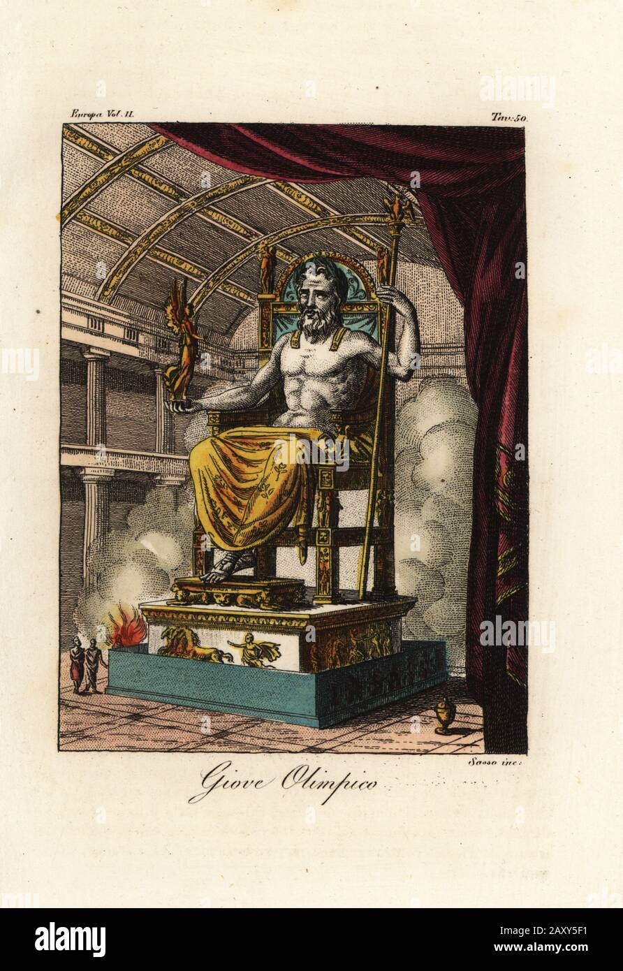 Statue of Zeus or Jupiter at Olympia, giant seated figure by the Greek sculptor Phidias around 435 BC at the sanctuary of Olympia, Greece. Giove Olimpico. Handcoloured copperplate engraving by Giovanni Antonio Sasso after Antoine-Chrysostome Quatremere de Quincy from Giulio Ferrario’s Costumes Ancient and Modern of the Peoples of the World, Il Costume Antico e Moderno, Florence, 1842. Stock Photo