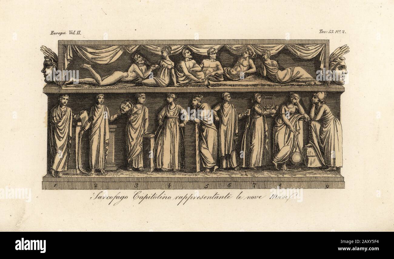 Capotoline sarcophagus bas relief representing the Nine Muses. Clio 1,  Thalia 2, Erato 3, Euterpe 4, Polyhymnia 5, Terpsichore 6, Calliope 7,  Urania 8, Melpomene 9. Sarcofago Capitolino rappresentante le nove Muse.