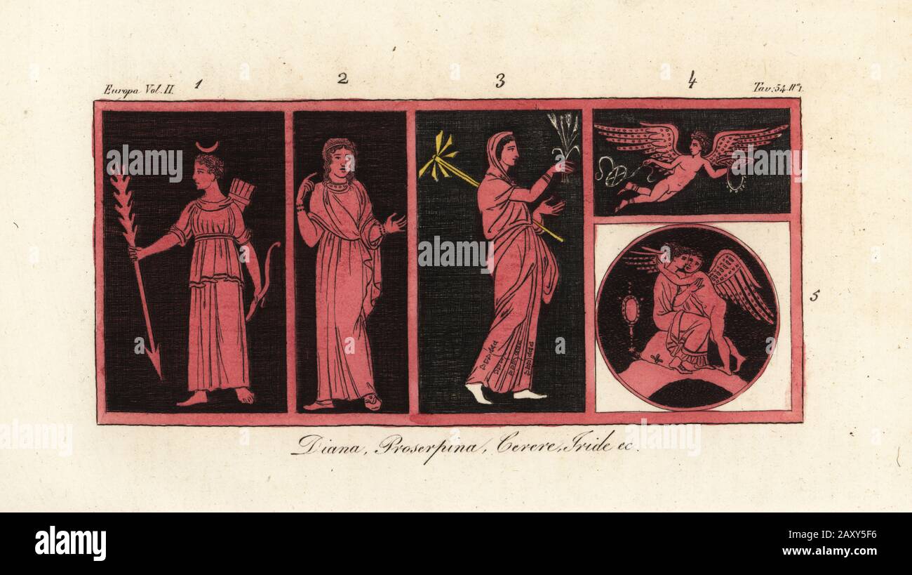 Ancient goddesses Diana 1, Proserpina 2, Ceres 3, Iris 4, Venus and Amor 5. From antique vases by Aubin Louis Millin. Diana, Proserpina, Cerere, Iride, &c. Handcoloured copperplate engraving from Giulio Ferrario’s Costumes Ancient and Modern of the Peoples of the World, Il Costume Antico e Moderno, Florence, 1842. Stock Photo