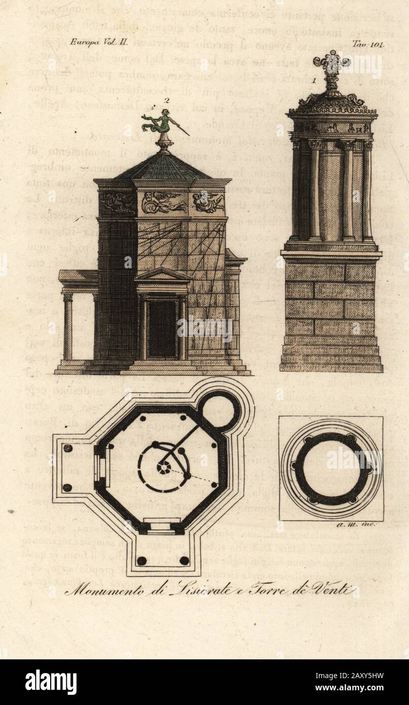 Plans and elevations of the Lysicrates Choragic Monument 2 and the Tower of the Winds or the Horologion of Andronikos Kyrrhestes 1, Athens, Greece. Monumento di Lisicrate e Torre de Venti. Handcoloured copperplate engraving by Corsi from Giulio Ferrario’s Costumes Ancient and Modern of the Peoples of the World, Il Costume Antico e Moderno, Florence, 1826. Stock Photo