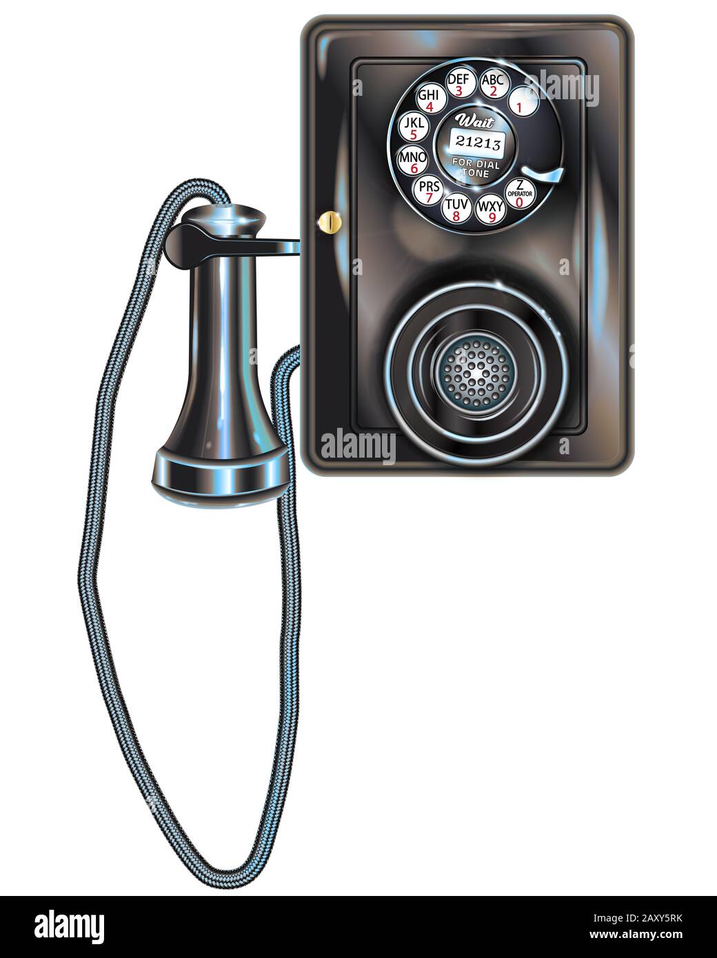 Illustration of a retro vintage black wall telephone circa 1930, made