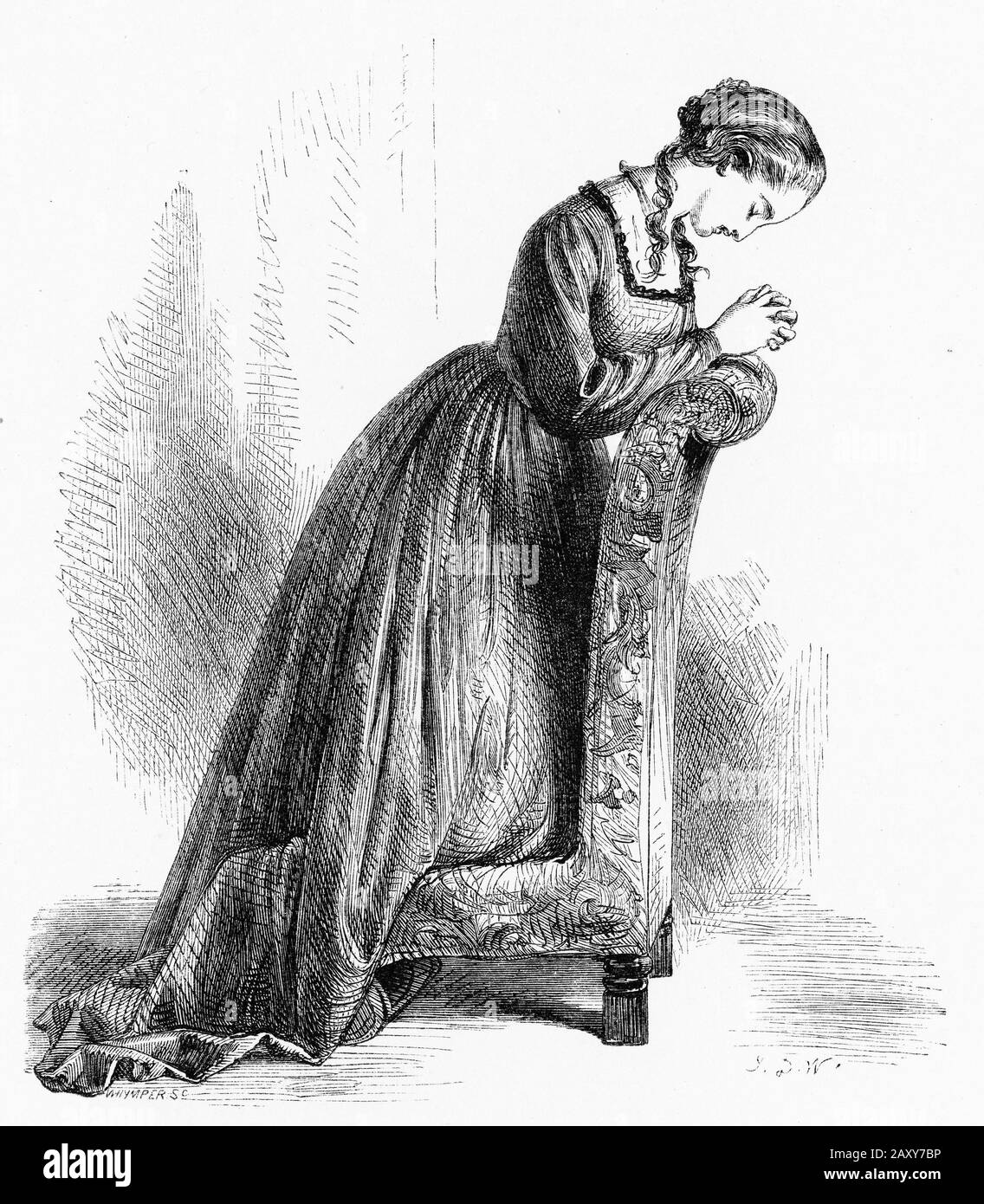 Engraved portrait of a woman praying Stock Photo