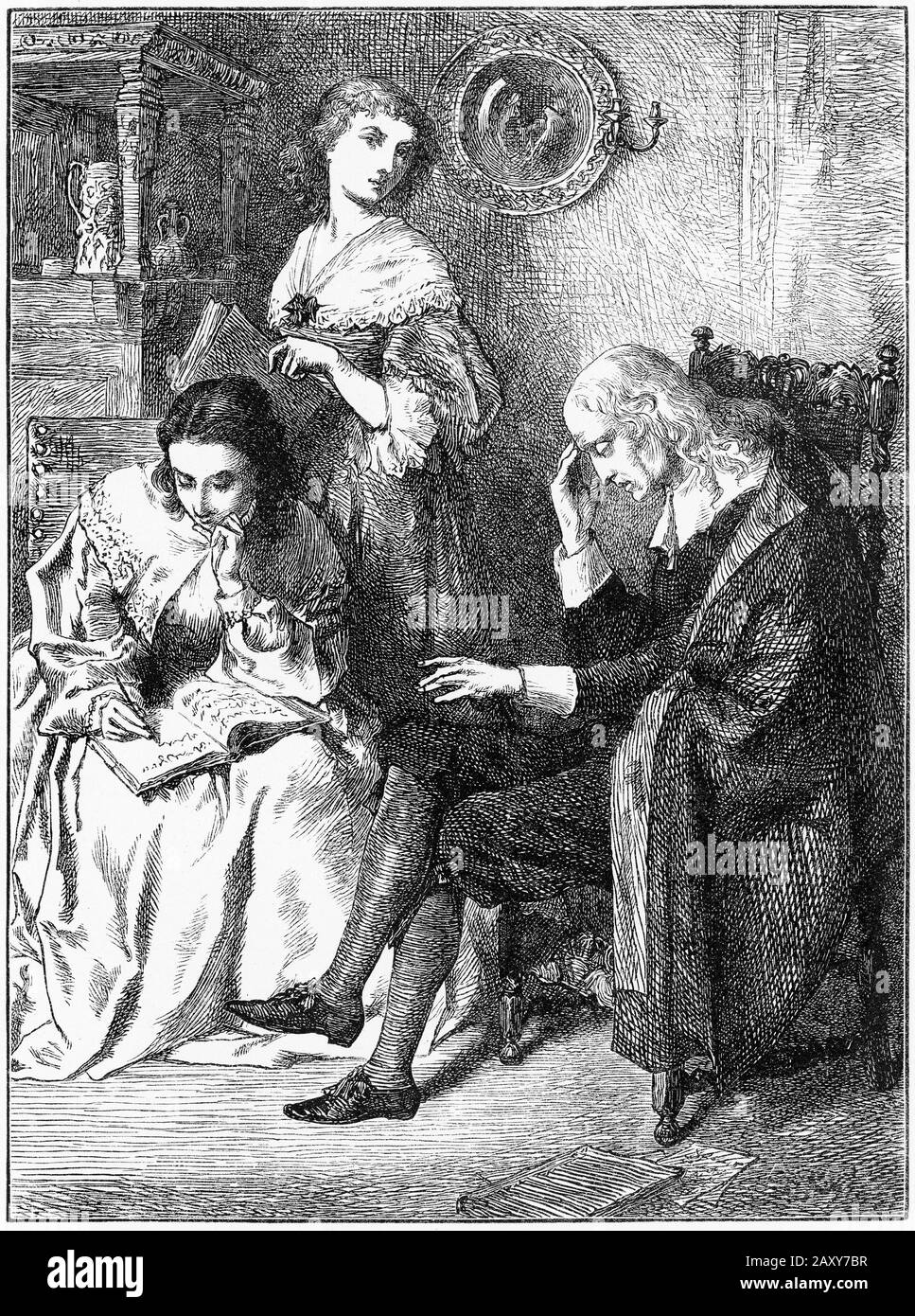 Engraving of the poet John Milton dictating the poem Paradise Lost to his daughters Stock Photo